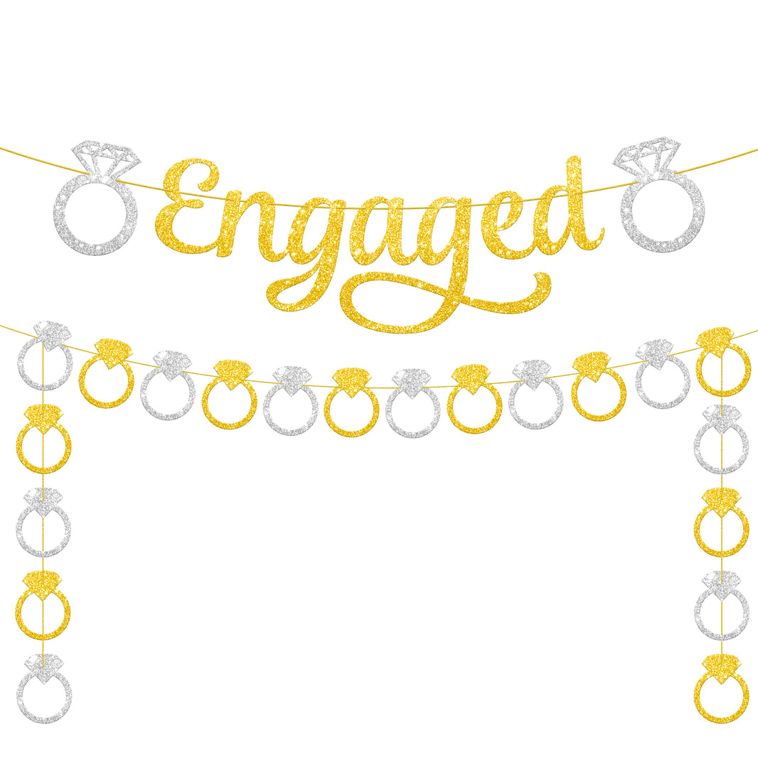 KatchOn, Pre-Strung Gold and Silver Glitter Engaged Banner - 2 String, 10 Feet, No DIY | Engagement Party Decorations | Engagement Banner for Bachelorette Party Decorations, Engagement Decorations