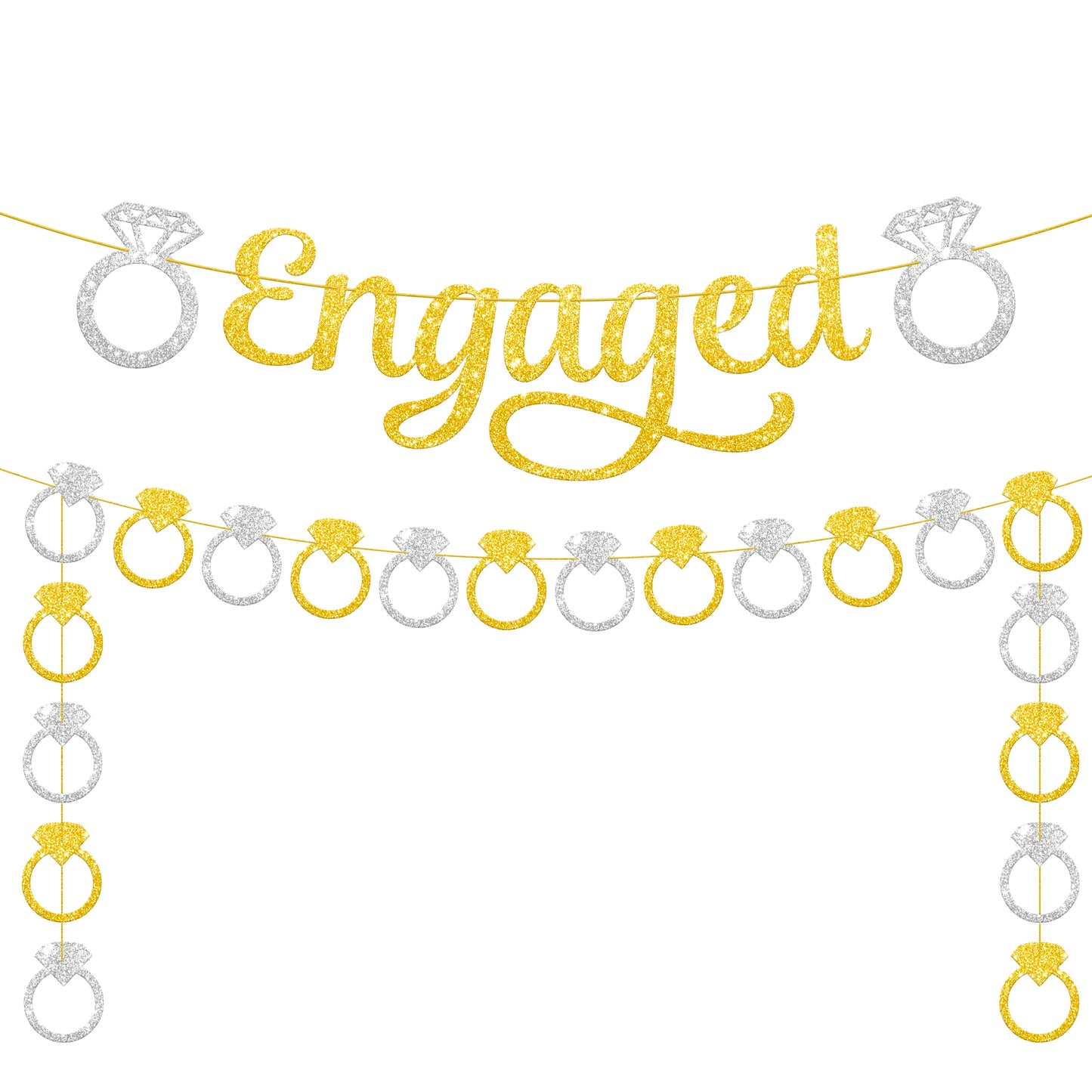 KatchOn, Pre-Strung Gold and Silver Glitter Engaged Banner - 2 String, 10 Feet, No DIY | Engagement Party Decorations | Engagement Banner for Bachelorette Party Decorations, Engagement Decorations