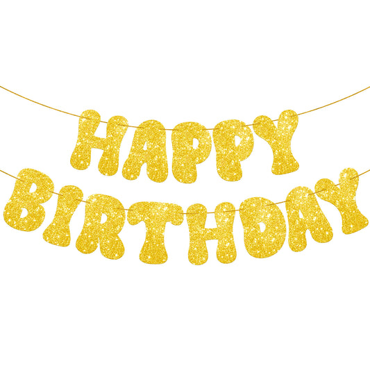 KatchOn, Glitter Gold Happy Birthday Banner Prestrung - 10 Feet | Gold Happy Birthday Sign | Gold Birthday Banner for Happy Birthday Decorations | Happy Birthday Gold Banner for Gold Birthday Decor