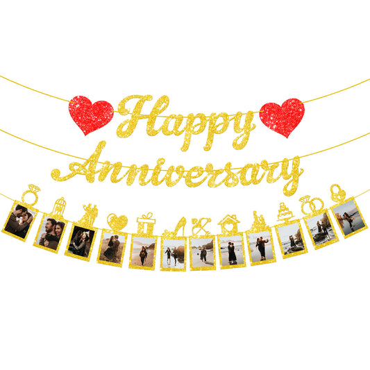 KatchOn, Glitter Happy Anniversary Photo Banner - 10 Feet, 2 Strings | Happy Anniversary Banner, Happy Anniversary Decorations | Wedding Anniversary Banner, Happy Gold 2 Year Anniversary Decorations