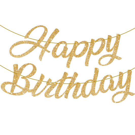 KatchOn, Gold Glitter Happy Birthday Banner - 10 Feet, Pre-Strung, No DIY | Happy Birthday Gold Banner for Happy Birthday Decorations for Women | Happy Birthday Sign, Gold Birthday Decorations for Men