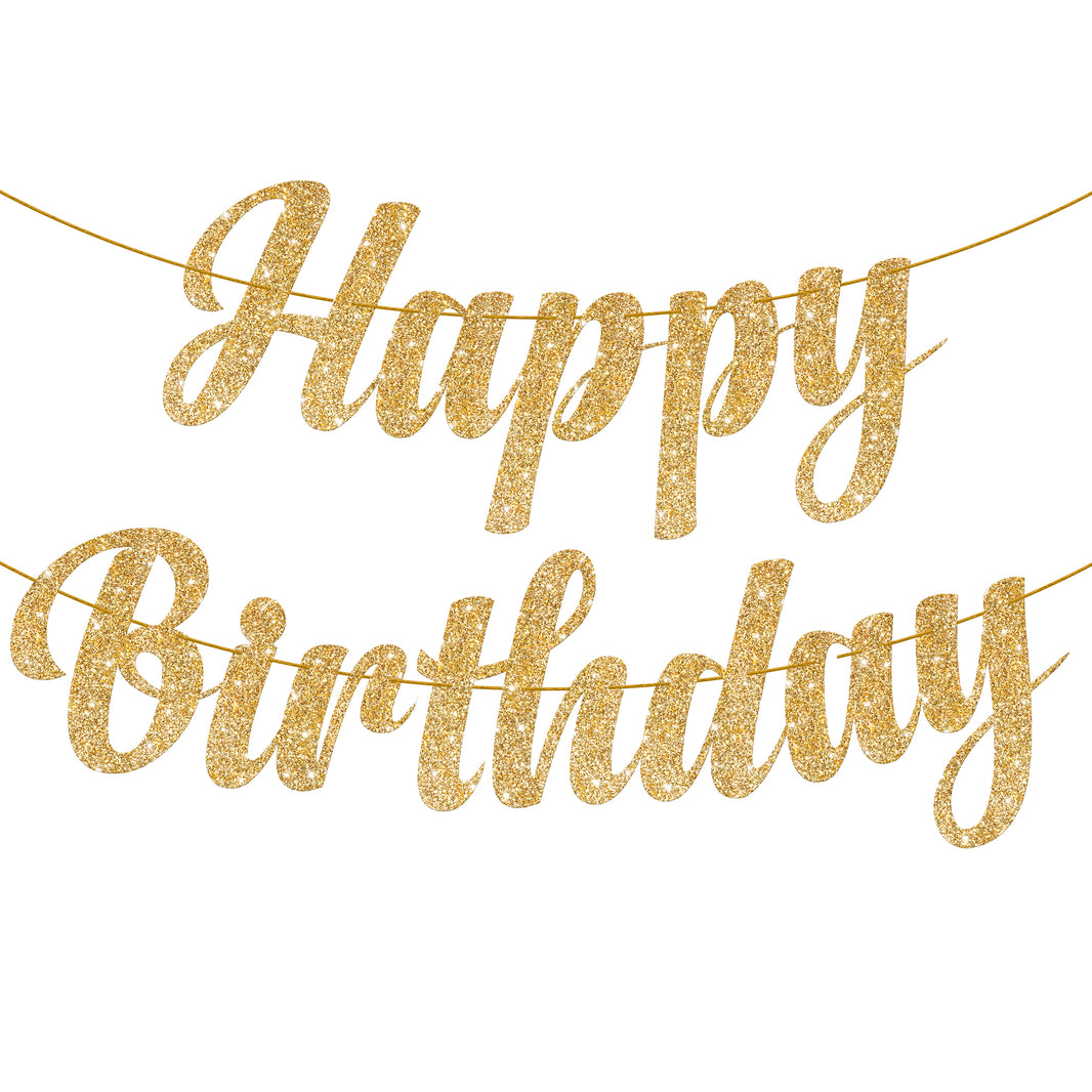 KatchOn, Glitter Gold Happy Birthday Banner Prestrung - 10 Feet, NO DIY | Gold Happy Birthday Sign | Glitter Gold Birthday Banner for Gold Birthday Decorations | Happy Birthday Decorations for Women