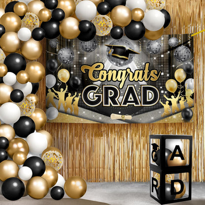 KatchOn, Black and Gold Decorations Class of 2026, Huge, Pack of 77, Disco Congrats Grad Banner, Foil Fringe, Balloon Boxes, Balloon Arch, Party Supplies, 2026 Graduation Decorations, Grad party Decor