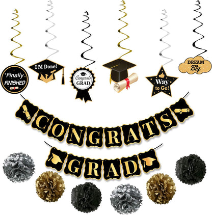 KatchOn, Black and Gold Graduation Party Decorations 2026 - Pack of 19 | Graduation Hanging Swirls for Grad Party | Congrats Grad Banner | Grad Banner for 2026 Graduation Decorations