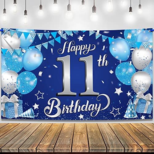 KatchOn, Blue, Silver Happy 11th Birthday Banner - Large, 72x44 Inch | 11th Birthday Decorations for Girls | 11th Birthday Banner, 11 Year Old Birthday Decorations | 11th Birthday Decorations for Boys