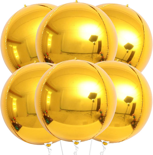 KatchOn, Large Gold Foil Balloons - 22 Inch, Pack of 6 | Big Gold Balloons Foil for Gold Party Decorations | Round Sphere 4D Metallic Gold Balloons, Gold Mylar Balloons for Gold Birthday Decorations