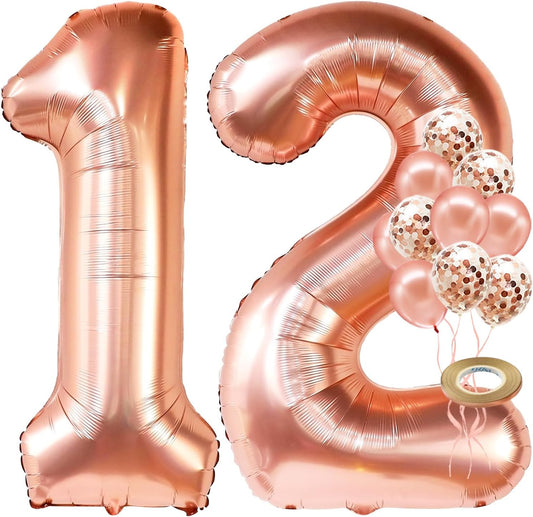 KatchOn, Rose Gold Number 12 Balloons - 40 Inch | 12th Birthday Decorations for Girls | 12th Birthday Balloons with Confetti Balloons | 12 Birthday Balloon for Girls | Number 12 Balloons for Birthdays