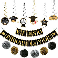 KatchOn, Black and Gold Graduation Party Decorations 2024 - No DIY | We Are So Proud of You Banner | Grad Hanging Swirls with Pomp Poms for 2024 Graduation Decor | Graduation Decorations Class Of 2024