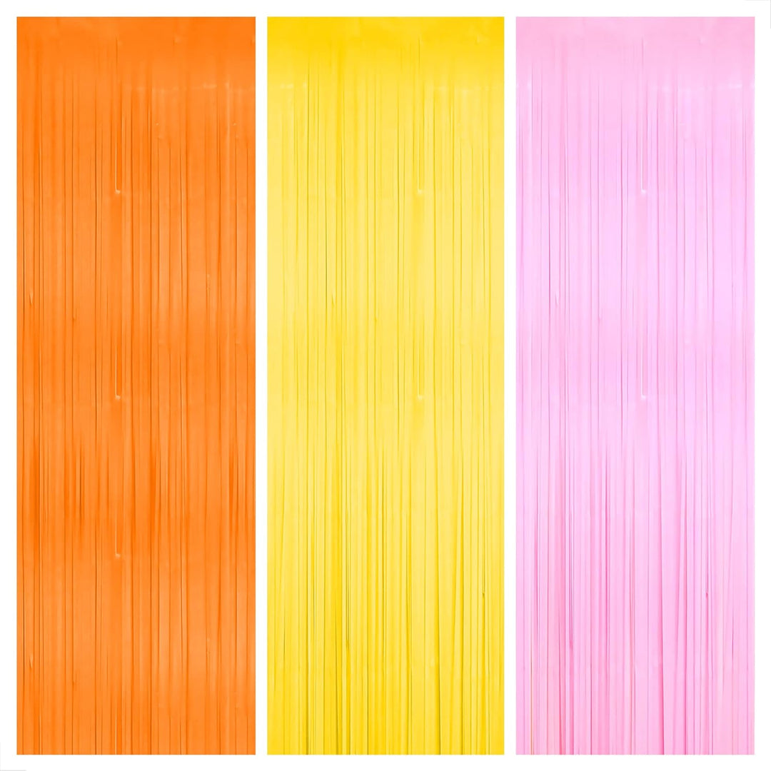 Katchon Orange Pink and Yellow Fringe Backdrop - 9.75x8 Feet, Pack of 3 Easter Streamers | Groovy Backdrop, Groovy Party Decorations | Easter Backdrops for Photography | Two Groovy Decorations Girl