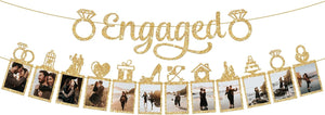 KatchOn, Pre-Strung, Gold Glitter Engaged Photo Banner - 2 String, 10 Feet, No DIY | Gold Engagement Party Decorations | Congrats On Engagement Banner for Bachelorette Party Decorations, Wedding Décor