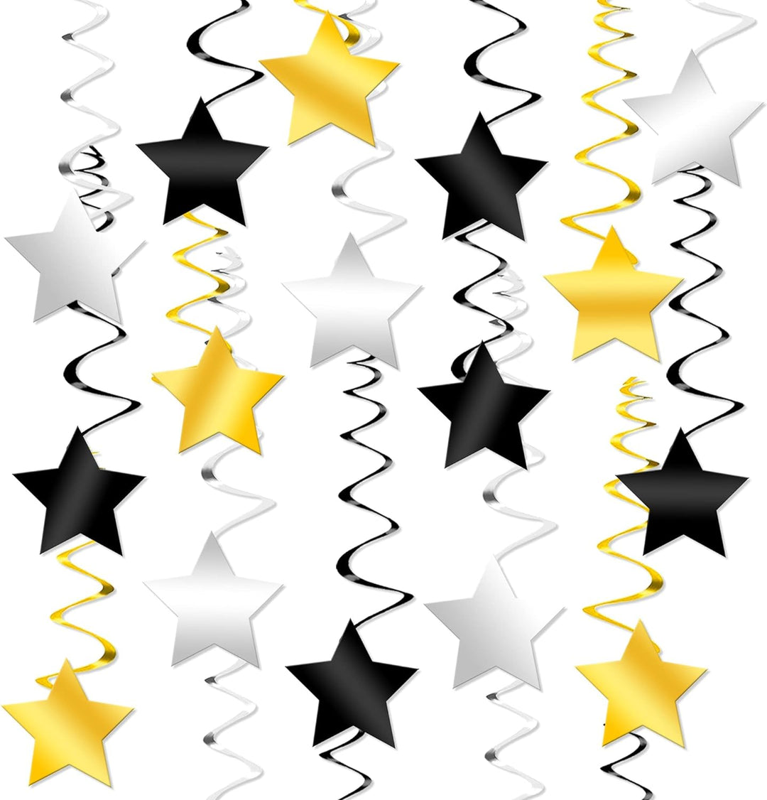 KatchOn, Black Gold and Silver Star Hanging Swirls - Pack of 30, No DIY | Graduation Decorations Class of 2024 | Black and Gold Party Decorations | Hollywood Party Decorations, Oscar Party Decorations