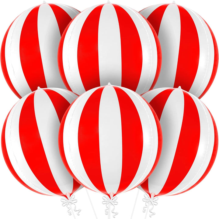 KatchOn, Carnival Balloons for Carnival Decorations - 22 Inch, Pack of 6 | Red and White Striped Balloons, 4D Striped Circus Balloons | Carnival Theme Party Decorations, Circus Theme Party Decorations