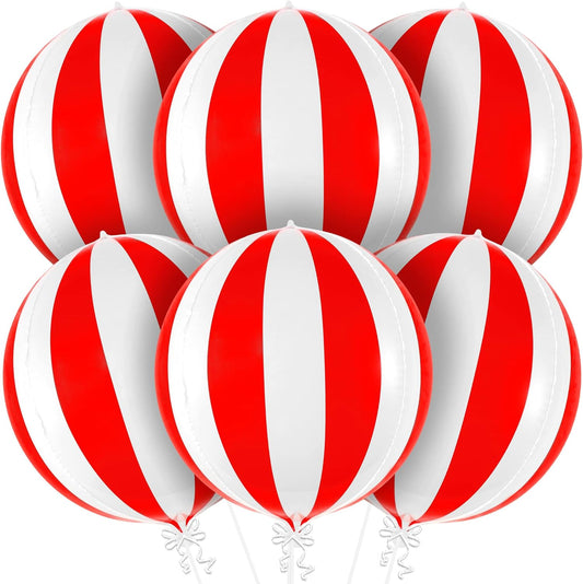 KatchOn, Carnival Balloons for Carnival Decorations - 22 Inch, Pack of 6 | Red and White Striped Balloons, 4D Striped Circus Balloons | Carnival Theme Party Decorations, Circus Theme Party Decorations