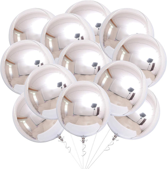 KatchOn, Big Metallic Silver Balloons - 22 Inch, Pack of 12 | 4D Round Balloons, Silver Foil Balloon | Silver Mylar Balloons, Silver Chrome Balloons for Silver Party Decorations | Mirror Balloons