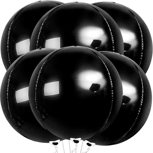 KatchOn, Giant Black Foil Balloons - 22 Inch, Pack of 6 | Round 4D Black Mylar Balloons for Black Birthday Decorations | Black Metallic Balloons | Black Round Balloons for Black Party Decorations