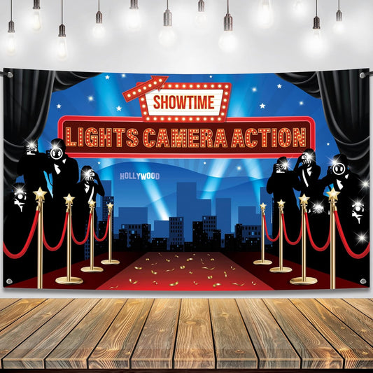 KatchOn, Large Lights Camera Action Backdrop - 72x44 Inch | Lights Camera Action Decorations | Hollywood Theme Party Decorations | Hollywood Backdrop for Oscar Party Decorations | Red Carpet Backdrop