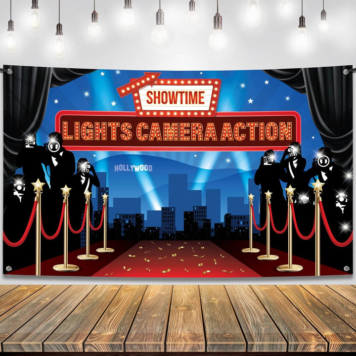 KatchOn, Large Lights Camera Action Backdrop - 72x44 Inch | Lights Camera Action Decorations | Hollywood Theme Party Decorations | Hollywood Backdrop for Oscar Party Decorations | Red Carpet Backdrop