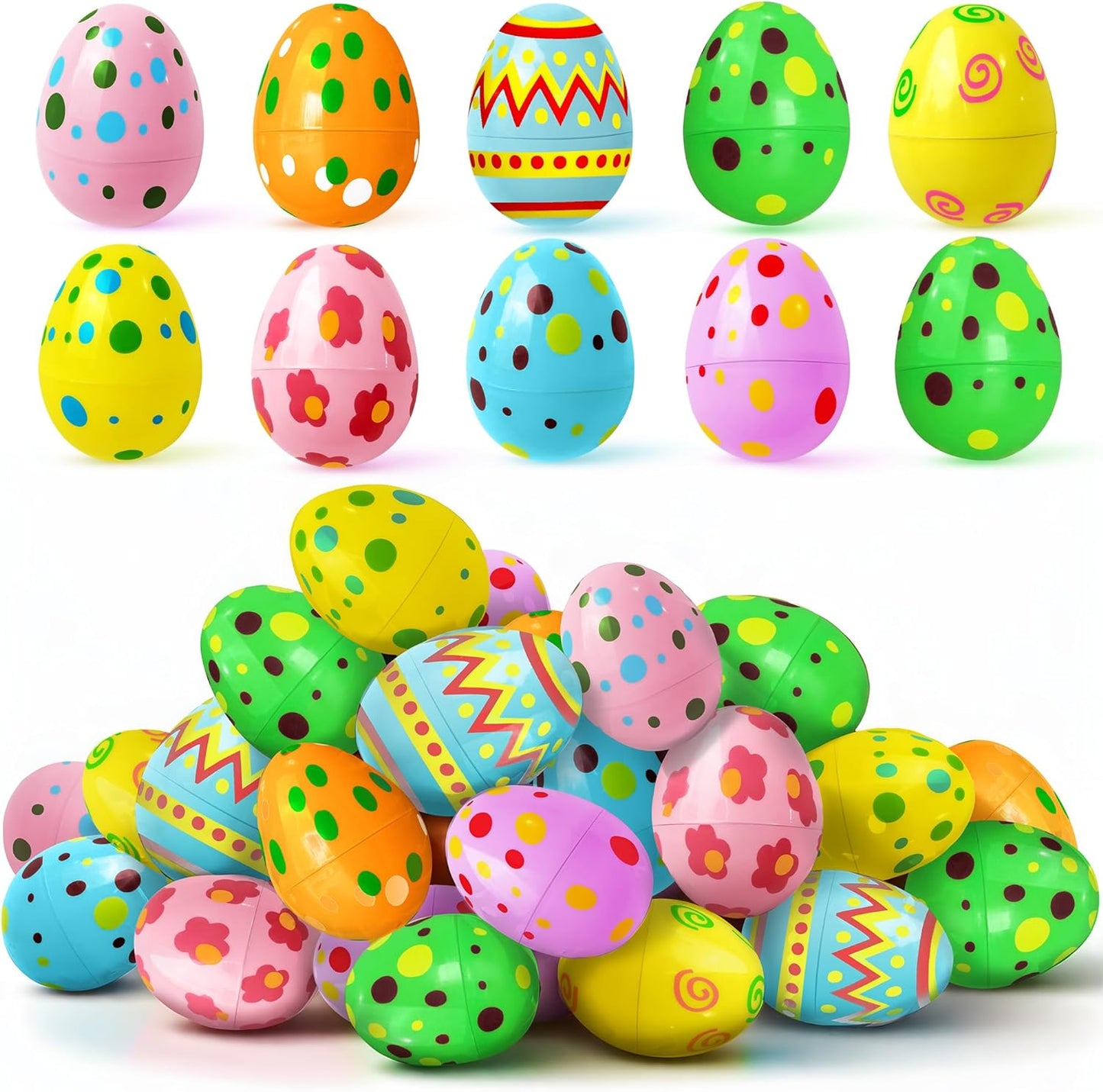 KatchOn, 30 Pcs Empty Plastic Easter Eggs - Easter Party Decorations | Printed Easter Egg Shells | Easter Eggs Plastic Fillable for Easter Egg Hunt Eggs | Easter Decorations, Easter Basket Stuffers