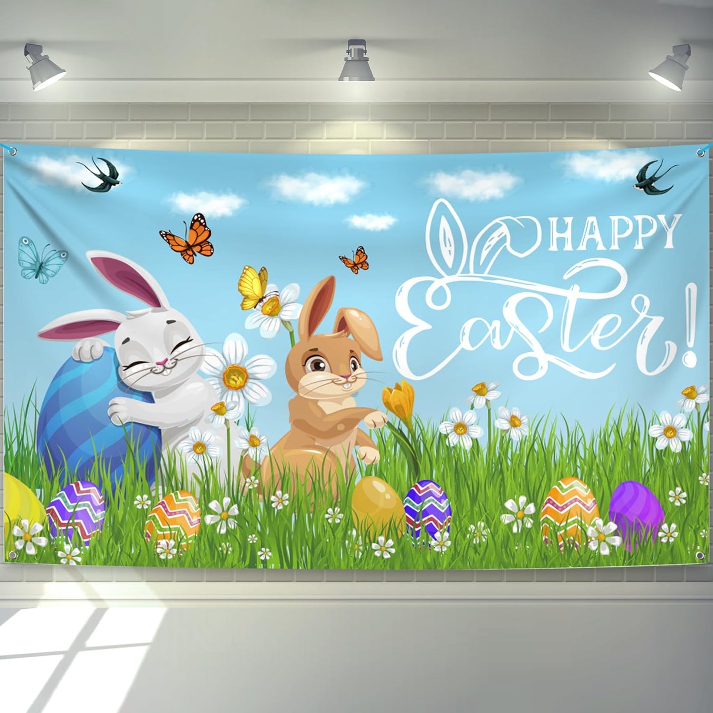 KatchOn, Happy Easter Banner Decorations - XtraLarge 72x44 Inch | Easter Backdrops for Photography | Easter Banners for Outside, Easter Party Decorations | Easter Backdrop for Easter Wall Decorations