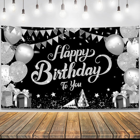 KatchOn, Black and White Happy Birthday Banner - Large, 72x44 Inch | Black and Silver Happy Birthday Banner for Women | Black White Silver Happy Birthday Decorations for Mens, Birthday Party Supplies