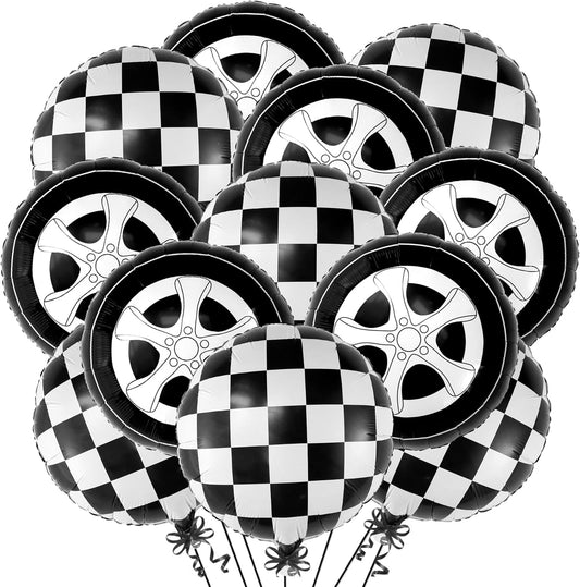 KatchOn, Tire Balloons and Checkered Balloon Set - 18 Inch, Pack of 12 | Tire Balloon for Two Fast Two Curious Birthday Decorations | Two Fast Birthday Decorations Boy | Cars Birthday Party Supplies