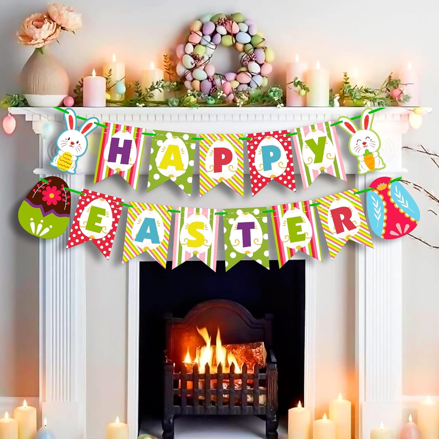 KatchOn, Pre-Strung Happy Easter Banner for Mantle - 10 Feet, No DIY | Happy Easter Sign for Easter Party Decorations | Easter Backdrop for Easter Decorations for the Home | Easter Garland Decorations