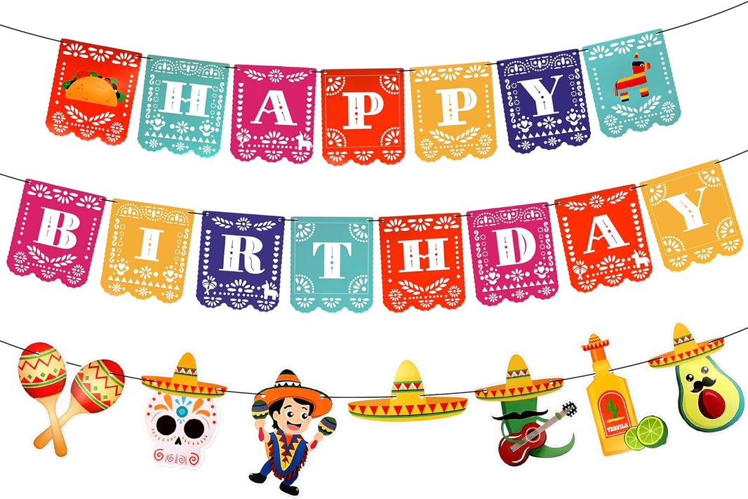 KatchOn, Fiesta Happy Birthday Banner - 15 feet, 3 String | Cinco De Mayo Theme, Mexican Fiesta Pinata Sombrero Garland for Mexican Birthday Party Decorations | Mexican Banner Fiesta Party Decorations