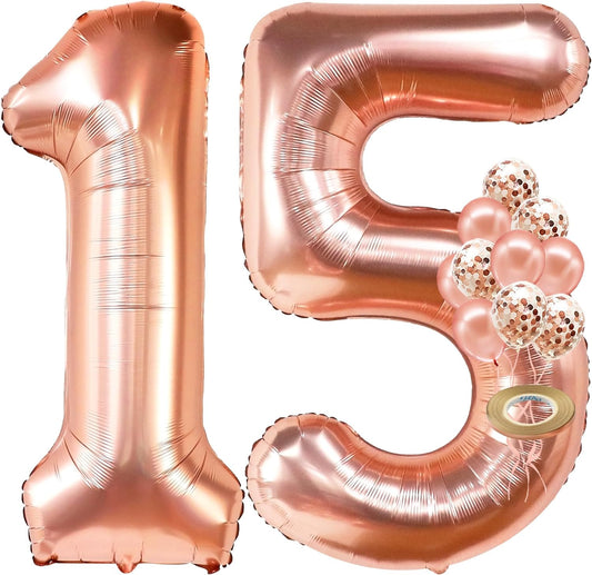 KatchOn, Rose Gold 15 Balloons Number - Big, 40 Inch | 15 Birthday Balloons with Confetti for Happy 15th Birthday Decorations for Girls | Quinceanera Decorations | 15 Birthday Decorations for Girls