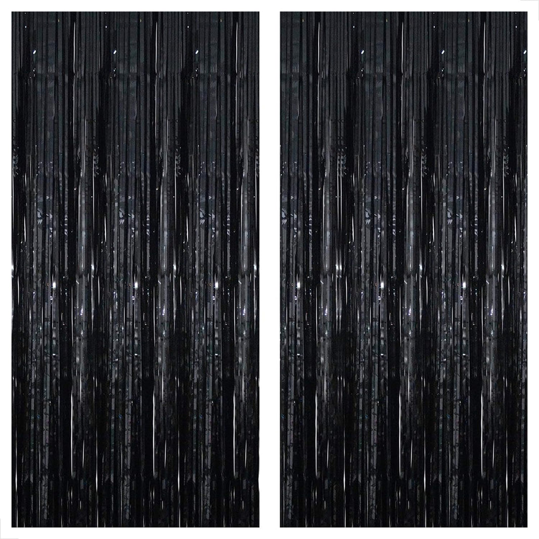KatchOn XtraLarge Black Foil Fringe Curtain - 3.2x10 Feet, Pack of 2 | Black Backdrop for Black Birthday Decorations | Black Tinsel Backdrop | Black Streamer for Graduation Decorations Class of 2024