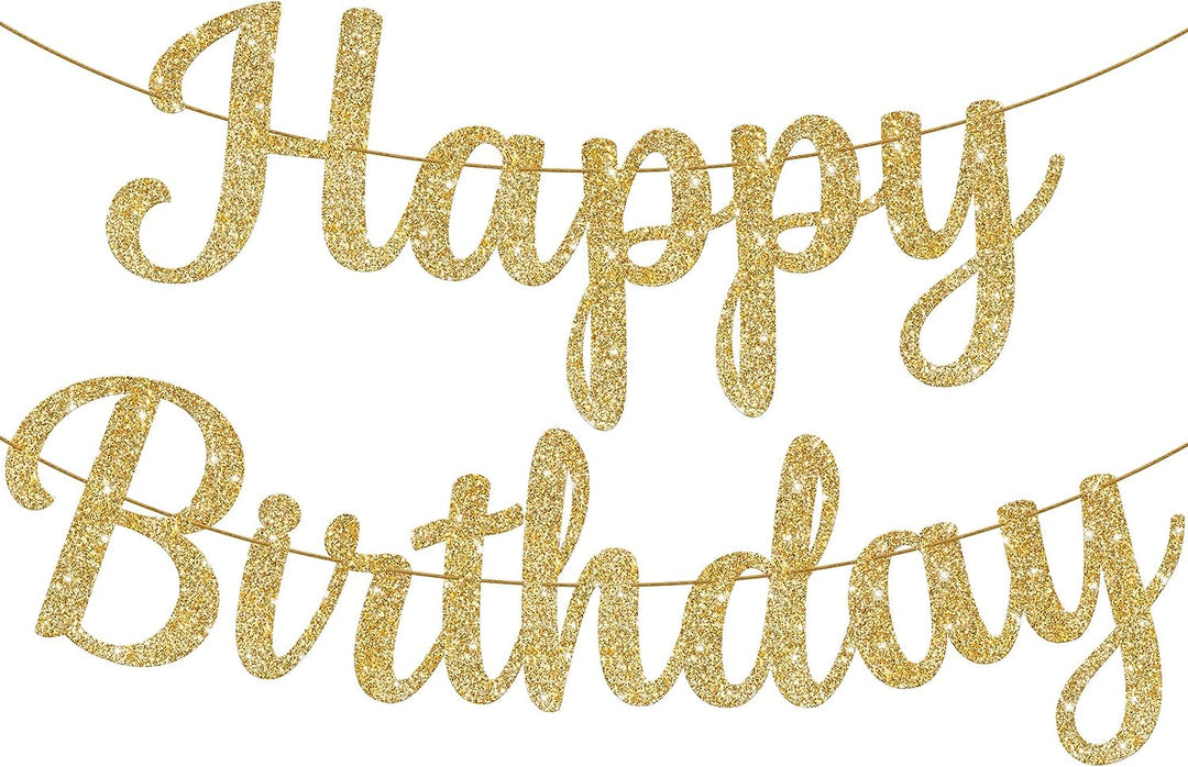 KatchOn, Cursive Glitter Gold Happy Birthday Banner - Pre-Strung, 10 Feet, No DIY | Real Gold Birthday Party Decorations | Gold Happy Birthday Sign for Girls, Gold Happy Birthday Decorations for Women