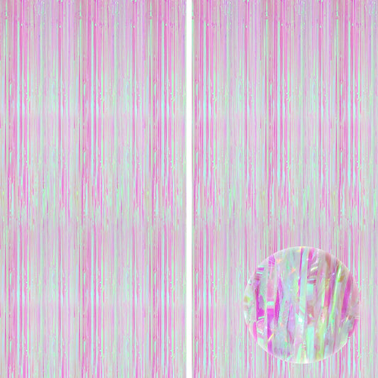 KatchOn, XtraLarge Iridescent Fringe Curtain - 8x3.2 Feet Pack of 2 Iridescent Backdrop | Iridescent Pink Backdrop for Iridescent Party Decorations | Iridescent Fringe Backdrop, Galentines Decorations