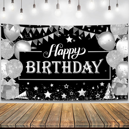 KatchOn, Black and Silver Happy Birthday Banner - 72x44 Inch | Black and Silver Birthday Banner for Men | Happy Birthday Backdrop for Happy Birthday Decorations | Black and Silver Birthday Decorations