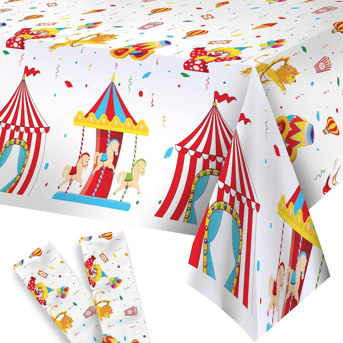 KatchOn, Xtra Large Circus Tablecloth for Carnival Decorations - Pack of 2 | Plastic Carnival Tablecloth | Carnival Theme Party Decorations | Carnival Theme Tablecloth, Circus Theme Party Decorations