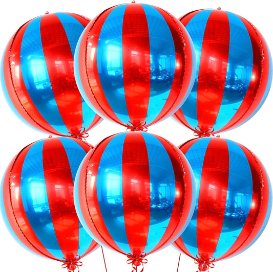 Big, Red and Blue Carnival Balloons - Pack of 6, Circus Decorations | 22 Inch 360 Degree 4D Red Blue Balloons | Carnival Theme Party Decorations | Circus Theme Party Decorations | Carnival Decorations