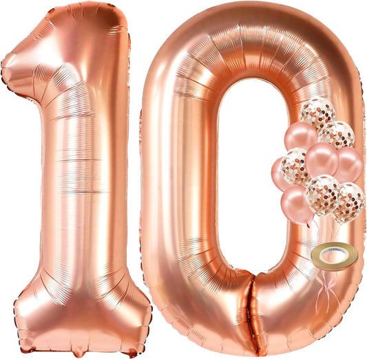 KatchOn, Giant Rose Gold 10 Balloon Number - 40 Inch, Pack of 12 | Rose Gold 10 Balloon with Confetti Balloons | Rose Gold 10th Birthday Decorations for Girls | Happy 10th Birthday Balloons for Girls