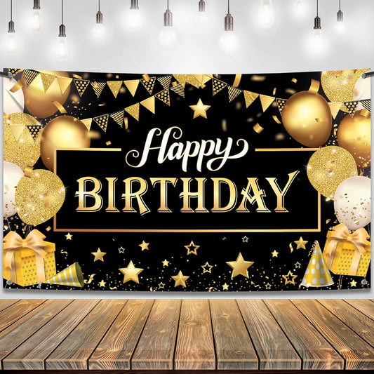 KatchOn, Black and Gold Happy Birthday Banner - XtraLarge, 72x44 Inch | Black and Gold Birthday Banner for Men | Happy Birthday Sign, Happy Birthday Backdrop for Black and Gold Birthday Decorations