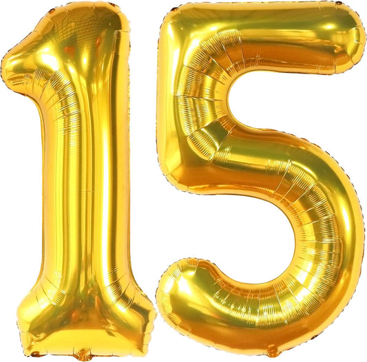 KatchOn, Giant Gold Number 15 Balloons - 40 Inch | 15 Balloons Number Gold, 15th Birthday Decorations for Boys | 15 Gold Balloon Number | Gold 15 Balloon Numbers, 15 Birthday Decorations for Girls