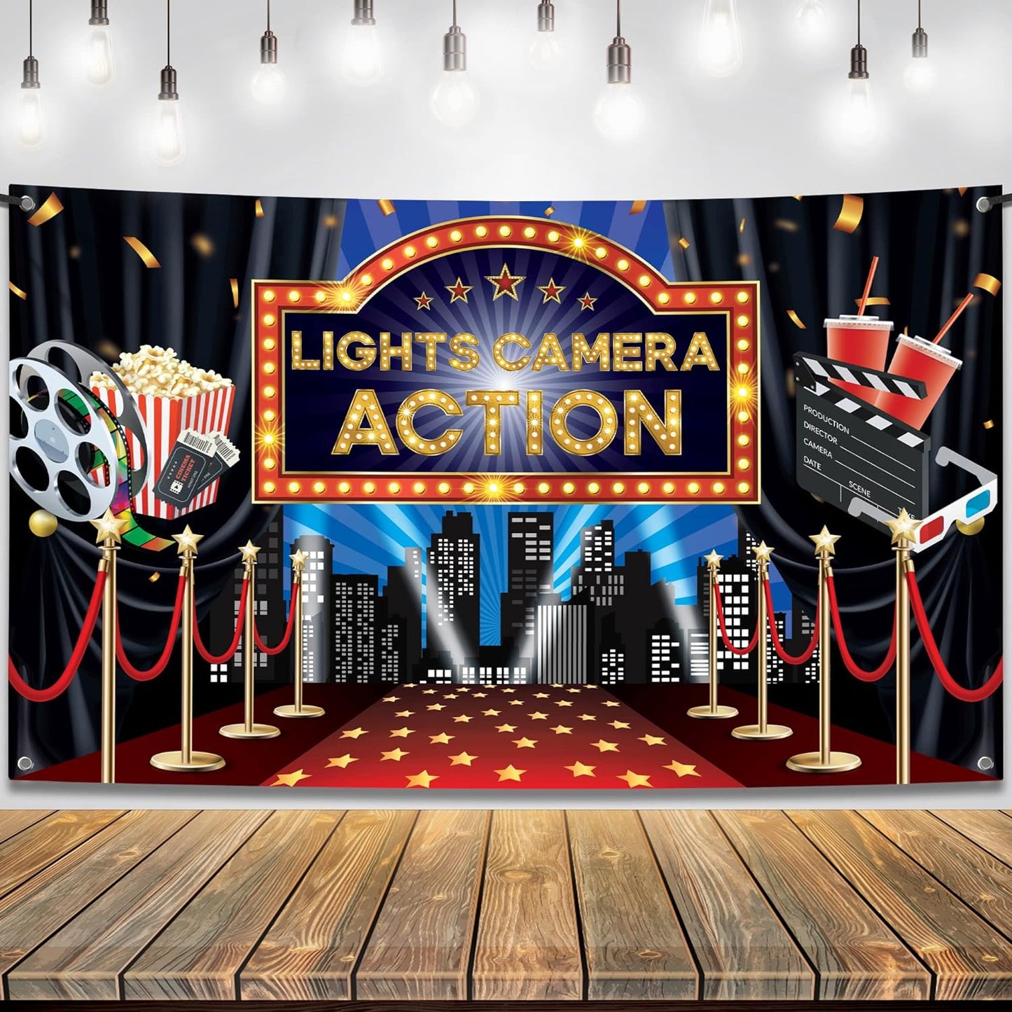 KatchOn, Lights Camera Action Backdrop - Large, 72x44 Inch | Movie Theme Party Decorations, Oscar Party Decorations | Lights Camera Action Decorations | Hollywood Backdrop for Movie Party Decorations