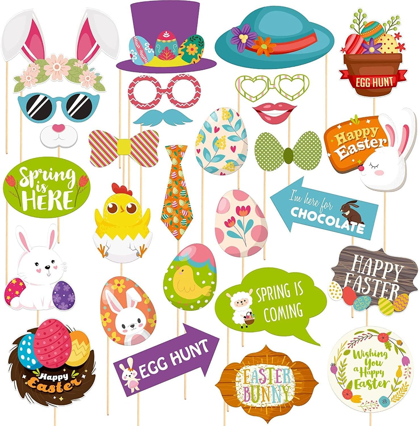 KatchOn, Happy Easter Photo Booth Props - Pack of 28 | Easter Photo Props for Photoshoot | Easter Decorations for Home, Easter Props for Photography | Easter Selfie Props, Easter Party Decorations