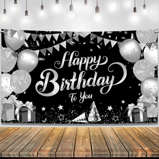 KatchOn, Black and Silver Happy Birthday Banner - Large, 72x44 Inch | Black and White Happy Birthday Banner | Black White Silver Happy Birthday Decorations for Mens Women, Birthday Party Supplies