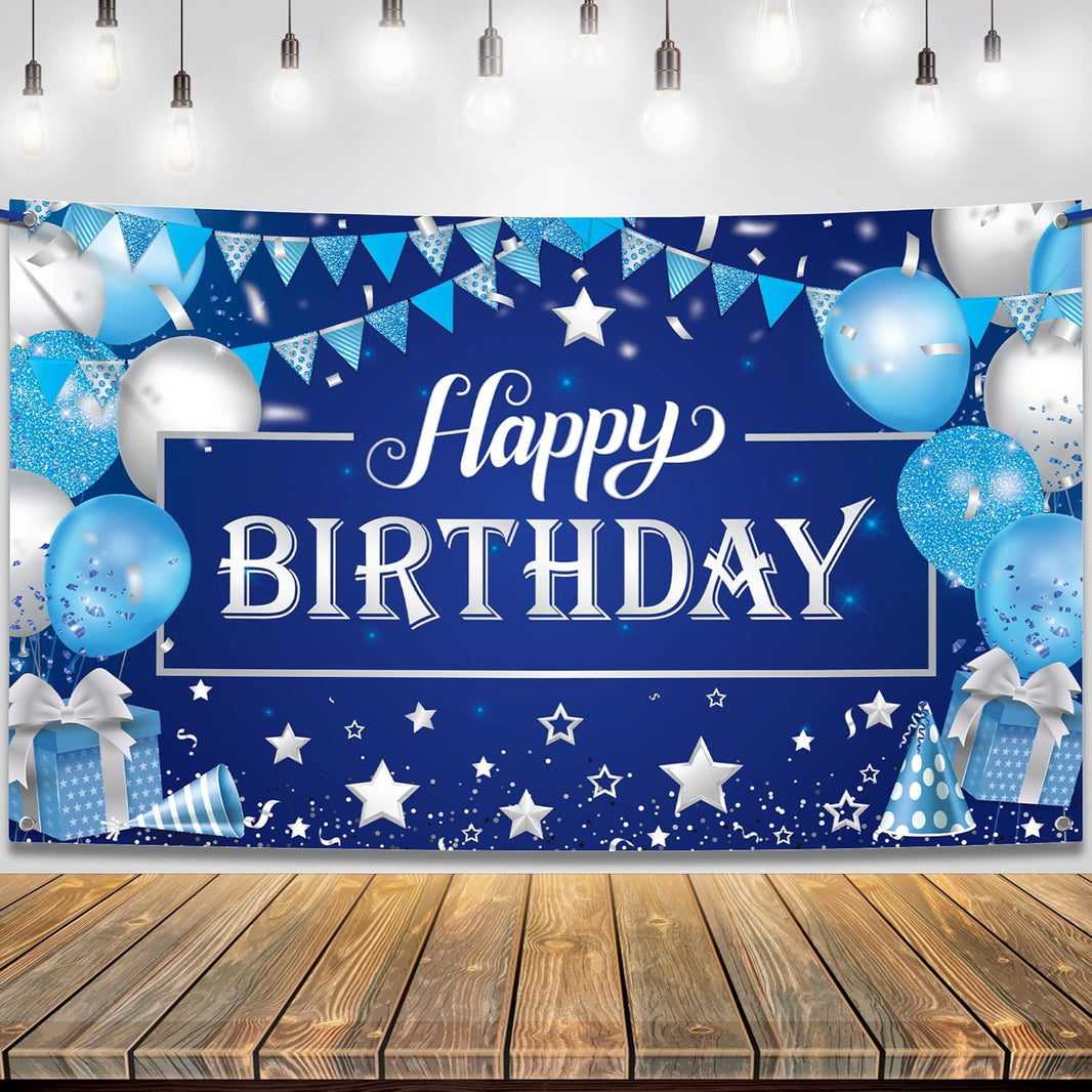 KatchOn, Large, Happy Birthday Banner Blue and Silver - 72x44 Inch | Happy Birthday Wall Banner for Men | Happy Birthday Backdrop for Boys | Happy Birthday Blue Banner, Blue Happy Birthday Decorations