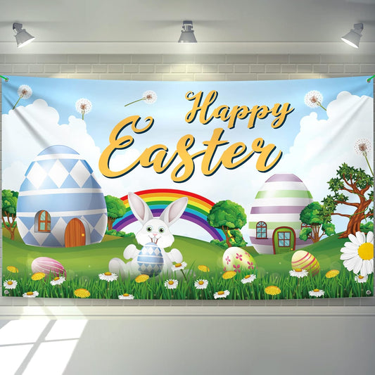 KatchOn, XtraLarge Happy Easter Banner Decorations - 72x44 Inch | Easter Bunny Banner for Easter Decorations Preschool | Easter Backdrop, Easter Party Decorations | Easter Backdrops For Photography