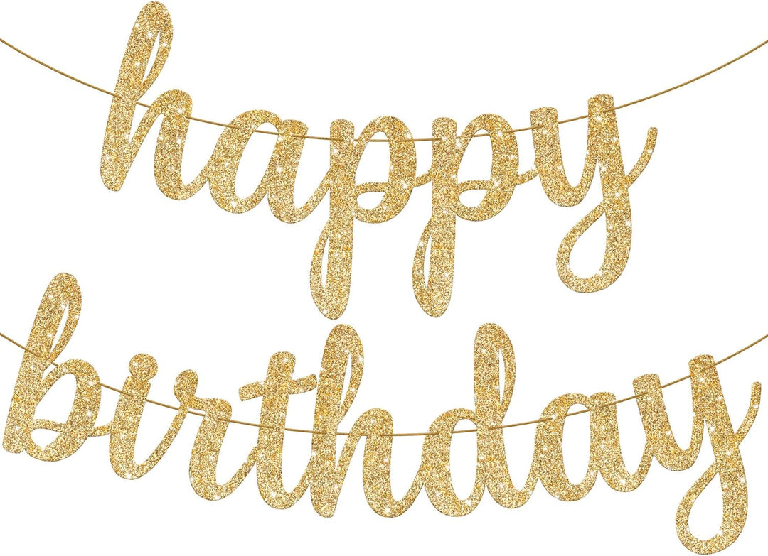 KatchOn, Gold Glitter Happy Birthday Banner - 10 Feet, Pre-Strung, No DIY | Happy Birthday Gold Banner for Happy Birthday Decorations for Women | Happy Birthday Sign, Gold Birthday Decorations for Men
