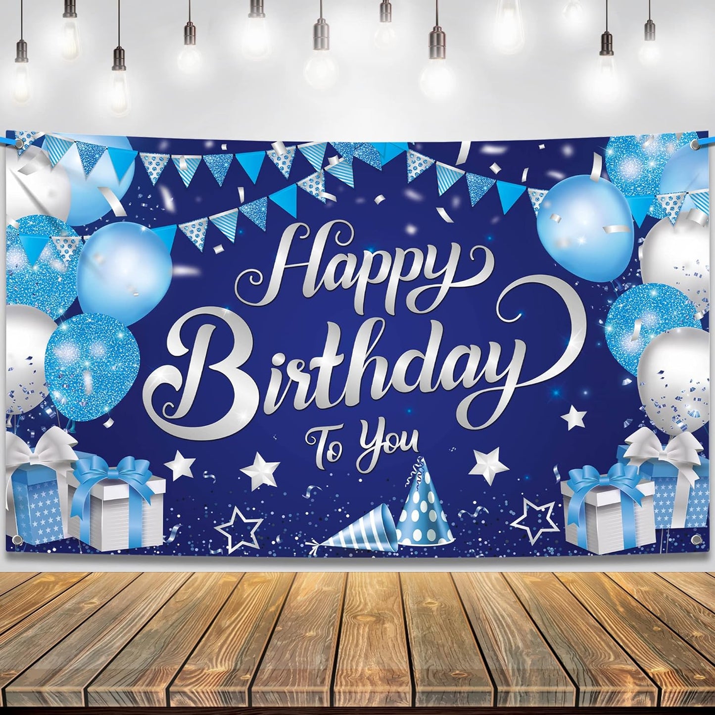 KatchOn, Silver and Blue Happy Birthday Backdrop - XtraLarge, 72x44 Inch | Happy Birthday Banner for Men | Blue Birthday Banner, Happy Birthday Decorations for Men | Blue Birthday Backdrop for Girls