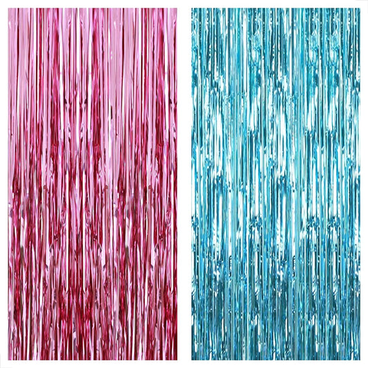 KatchOn, Large Pink and Blue Foil Fringe - 6.4x8 Feet, Pack of 2 | Girl or Boy Gender Reveal Decorations | Pink and Blue Fringe, Boy or Girl Backdrop | Gender Reveal Backdrop for Gender Reveal D√©cor