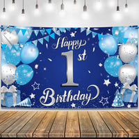KatchOn, Happy 1st Birthday Banner - 72x44 Inch, Xtralarge | Blue and Silver First Birthday Backdrop for first Birthday Decorations for Boys | Happy Birthday Banner, 1st Birthday Decorations