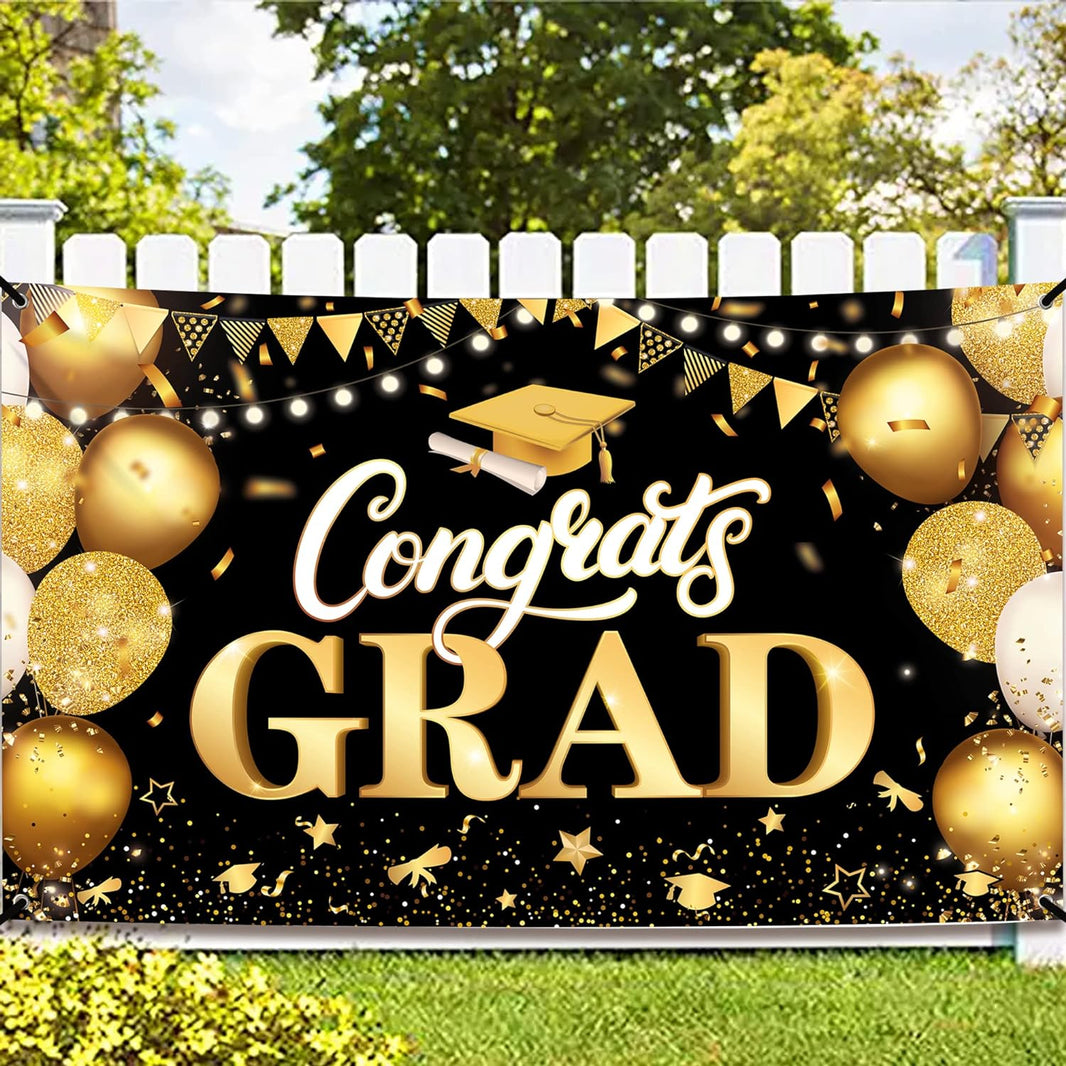 KatchOn, XtraLarge Congrats Grad Banner - 72x44 Inch, Congratulations Banner | Graduation Backdrop 2024, Black and Gold Graduation Decorations 2024 | Graduation Party Decorations 2024 Black and Gold