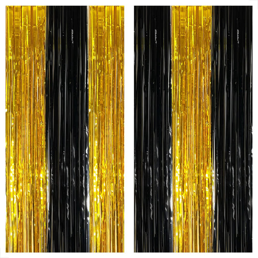 KatchOn, Xtralarge Black and Gold Streamers - 8x3.2 Feet, Pack of 2 | Black and Gold Fringe Curtain for Black and Gold Party Decorations | Black and Gold Backdrop, Graduation Decorations 2024