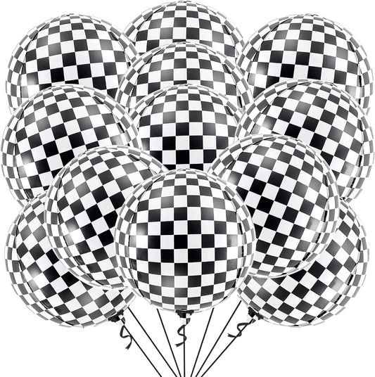 KatchOn, Black and White Checkered Balloons - 22 Inch, Pack of 12 | 4D Sphere Race Car Balloons | One Happy Dude Birthday Decorations | Checkered Flag Balloons for Race Car Birthday Party Supplies