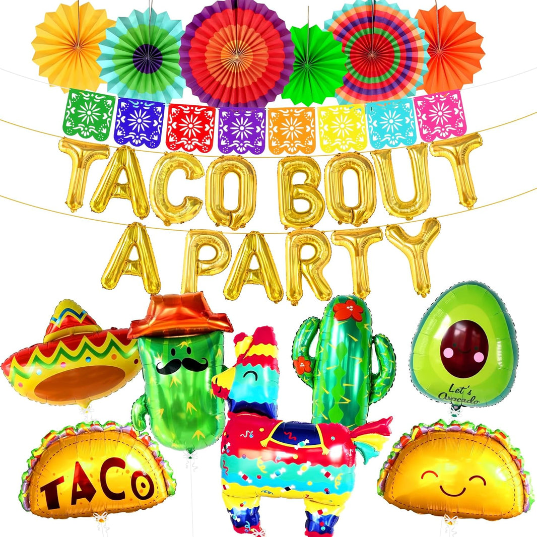 KatchOn, Taco Bout A Party Decorations - Big Set of 28 | Felt Mexican Banner for Fiesta Party Decorations | Taco Balloons, Fiesta Balloons for Taco Party Decorations | Cactus Balloons, Llama Balloons